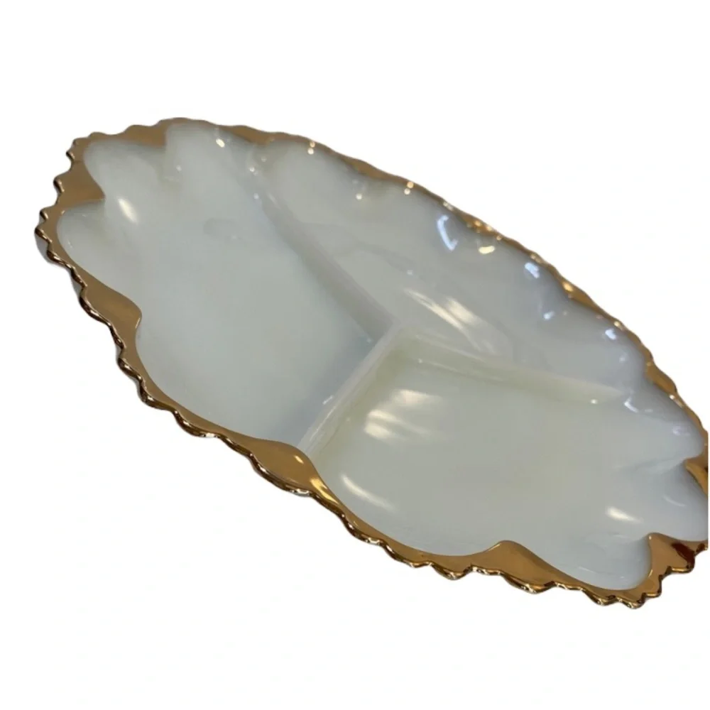 Vintage Antique Divided Serving Dish Holiday Depression Milk Glass White Gold